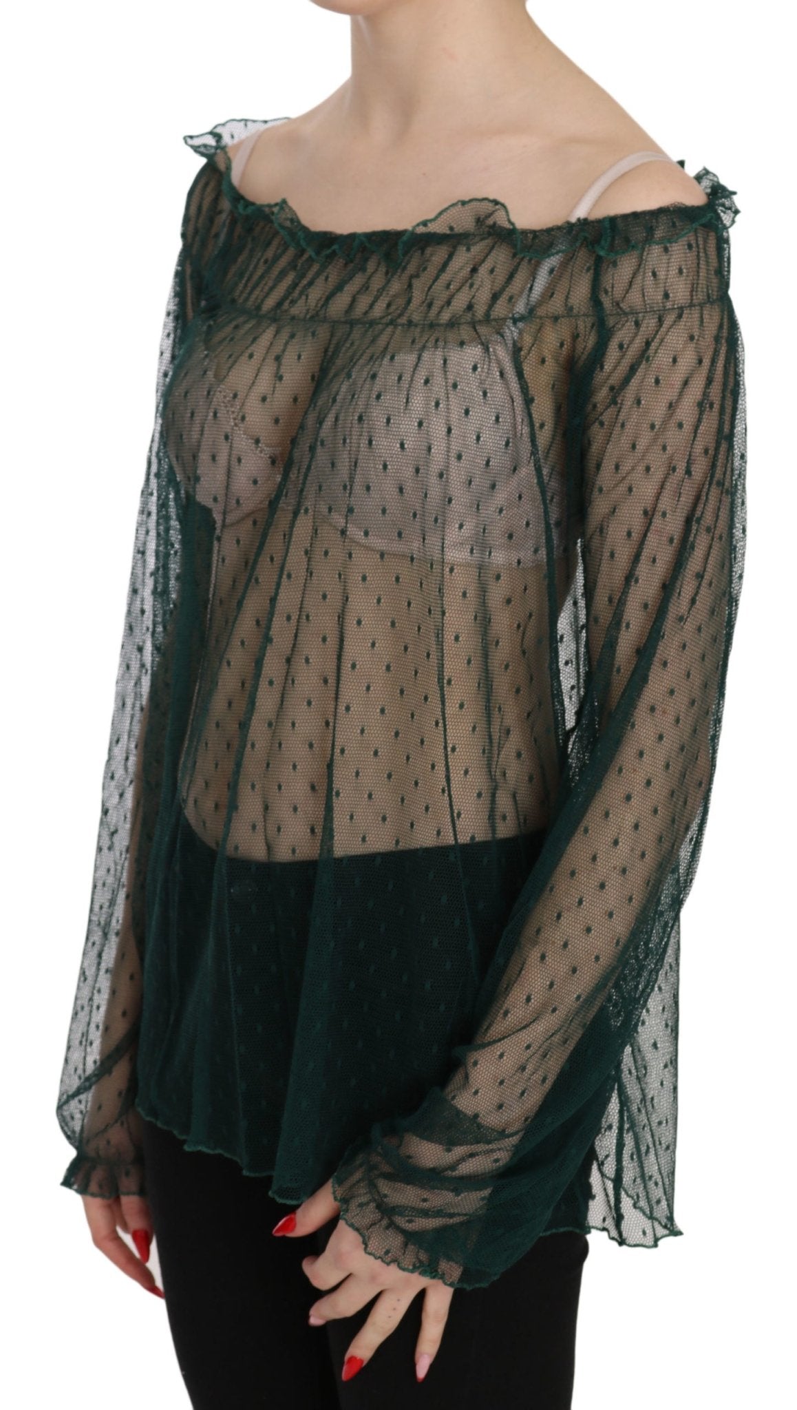 PINK MEMORIES Green Mesh See Through Long Sleeve Top Blouse - Fizigo
